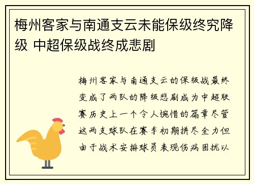 梅州客家与南通支云未能保级终究降级 中超保级战终成悲剧